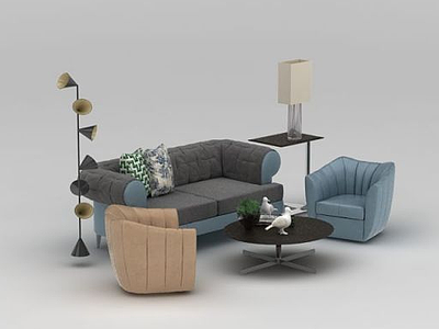 3d现代双色沙发台灯组合模型