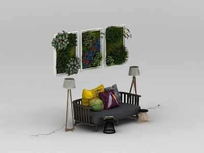 3d休闲长沙发椅植物墙组合模型