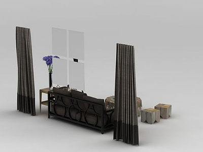3d北欧朽木条茶几沙发组合模型