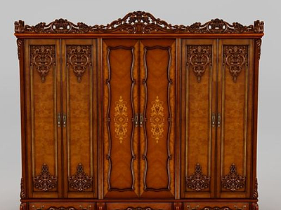 3d古典雕花实木衣柜模型