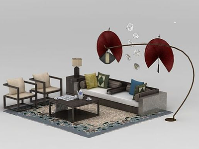 3d中式沙发椅子鱼墙饰品组合模型