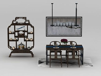 3d新中式博古架餐桌椅组合模型