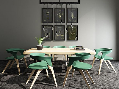 3d现代餐桌椅吊灯组合模型