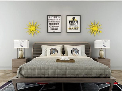 3d现代简约卧室床墙饰品组合模型