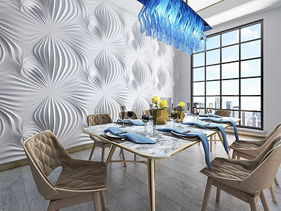 3d现代餐厅桌椅蓝水晶吊灯组合模型
