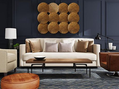 3d美式沙发茶几扇子墙饰品组合模型
