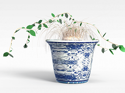 3d青花瓷花盆绿植模型