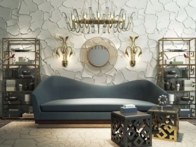 3d现代沙发茶几裂纹背景墙组合模型