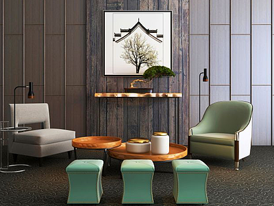 新中式单人沙发茶几组合3d模型