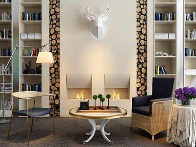 3d北欧壁炉书柜单椅茶几组合模型