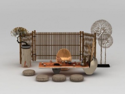 3d新中式田园茶桌坐垫组合模型
