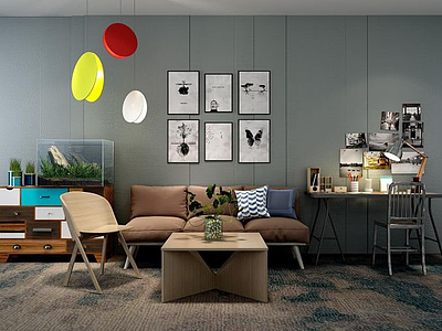 室内沙发茶几书桌椅组合模型3d模型