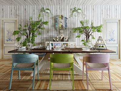 复古餐桌椅植物花艺组合模型3d模型