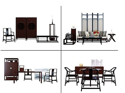 3d新中式桌椅屏风组合模型