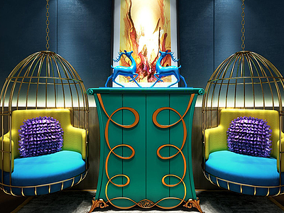 3d彩色鸟笼吊椅边柜组合模型
