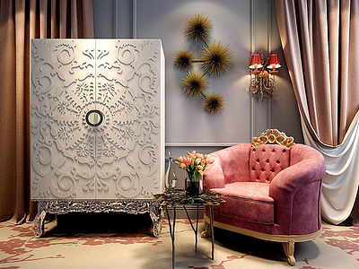 欧式雕花柜子粉色沙发椅组合模型3d模型