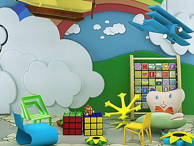 3d云朵彩虹背景墙玩具组合模型