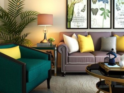 3d美式客厅沙发椅子茶几组合模型