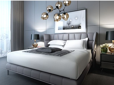卧室创意软包床吊灯组合模型3d模型
