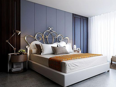 3d现代卧室皇冠床床头柜组合模型