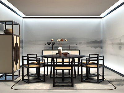 3d新中式餐桌椅餐边柜组合模型