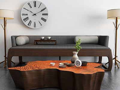 3d高档新中式沙发茶几组合模型