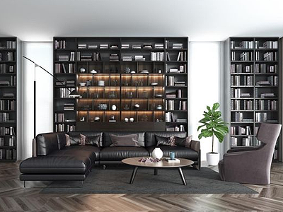 3d休闲真皮拐角沙发大型书架组合模型