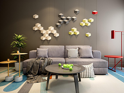 3d现代灰色布艺沙发茶几组合模型