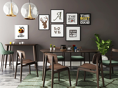 3d北欧咖啡色桌椅挂画墙组合模型