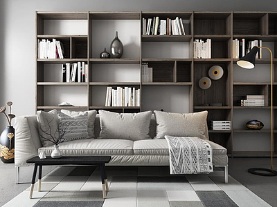 3d现代沙发书架茶几组合模型