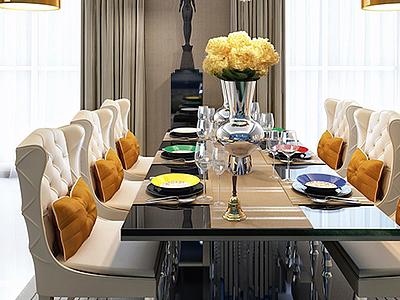奢华水晶吊灯餐桌椅组合模型3d模型