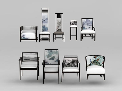 3d新中式水墨画印花椅子组合模型