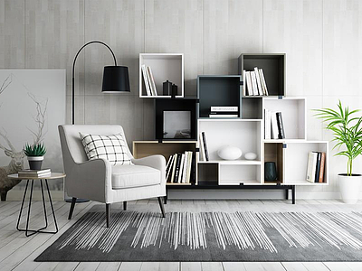 3d现代沙发书柜组合模型