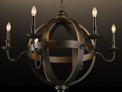 3d古典铁艺圆环球形吊灯模型