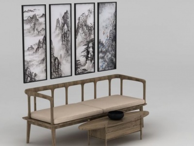 3d新中式实木沙发茶几挂画模型