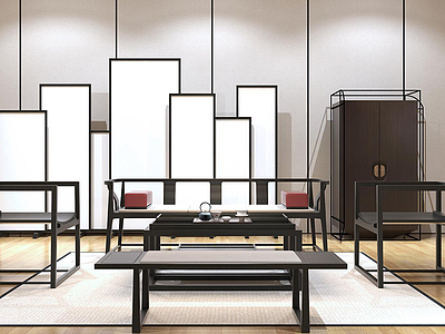 新中式简约实木沙发茶桌模型3d模型