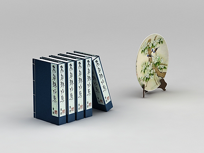 中式书籍和圆盘陶瓷摆件模型3d模型
