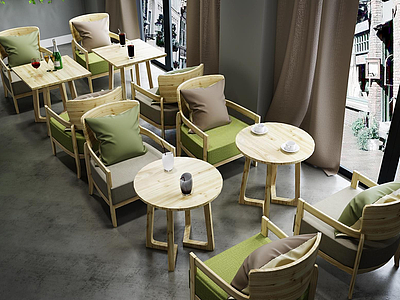 茶餐厅实木桌椅组合模型3d模型