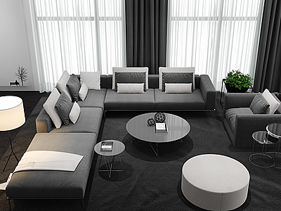 3d时尚灰色布艺转角沙发茶几模型