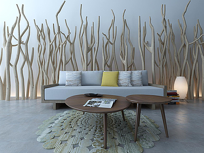 3d现代原木沙发茶几干枝装饰品组合模型