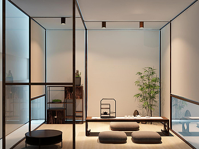 3d新中式茶室桌椅植物组合模型