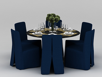 饭店深蓝色餐桌椅模型