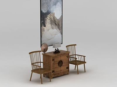 中式田园椅子边柜挂画组合模型3d模型