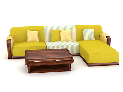 3d时尚黄色转角沙发实木茶几模型