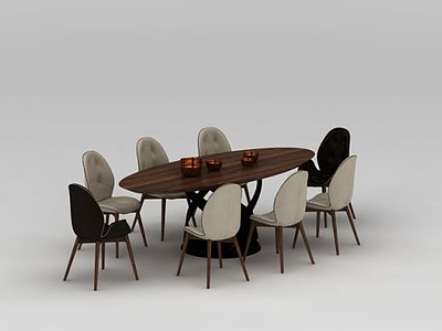 3d北欧八人座实木餐桌椅模型