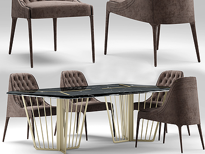 3d高档咖啡色餐厅桌椅组合模型