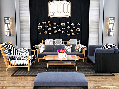 客厅沙发茶几背景墙组合模型3d模型