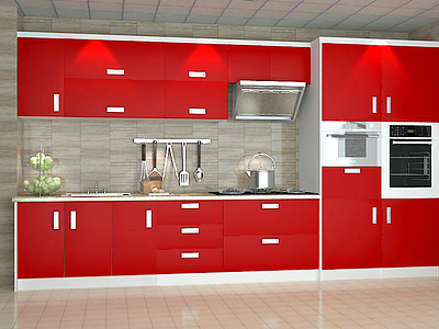 3d时尚厨房红白拼色橱柜组合模型