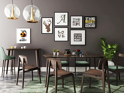 3d咖啡色实木餐桌椅家具组合模型