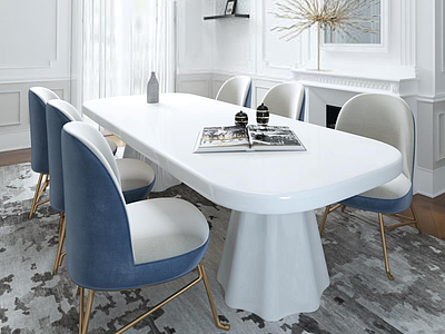 3d现代时尚蓝白拼色餐桌椅组合模型